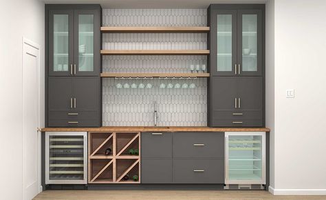 Dry Bar Built In, Diy Built In Bar, Ikea Bar Cabinet, Basement Dry Bar Ideas, Built In Bar Cabinet, Dry Bar Ideas, Wet Bar Cabinets, Dining Room Built Ins, Dining Room Built In