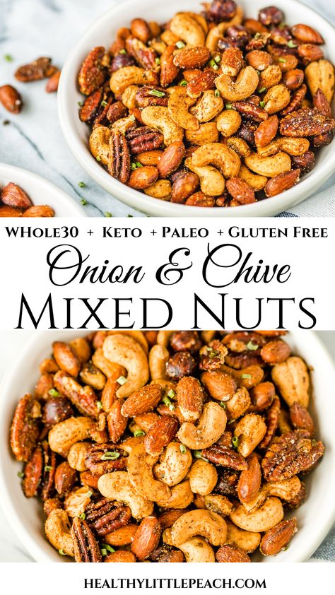 These onion and chive mixed nuts are the perfect snack or salad topping option. These crunchy treats are Whole30, Keto and Paleo compliant and taste identical to a sour cream and onion potato chip. #whole30 #paleo #keto #mixednuts #nutrecipes #ketonuts #ketorecipes #primals #whole30recipes Roasted Nuts Recipe, Seasoned Nuts, Salad Topping, Flavored Nuts, Healthy Chips, Whole30 Keto, Healthy Nuts, Nut Snacks, Snack Mix Recipes