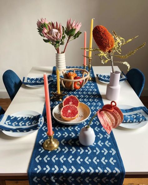 Egret Table Runner by Sunday / Monday by Nisha Mirani and Brendan Kramer at Private Residence, New York Cheap Centerpieces, Candles Making, Sunday Monday, Centerpiece Ideas, Furniture Art, Block Printing, White Table, Winter Blues, Diy Garden Decor