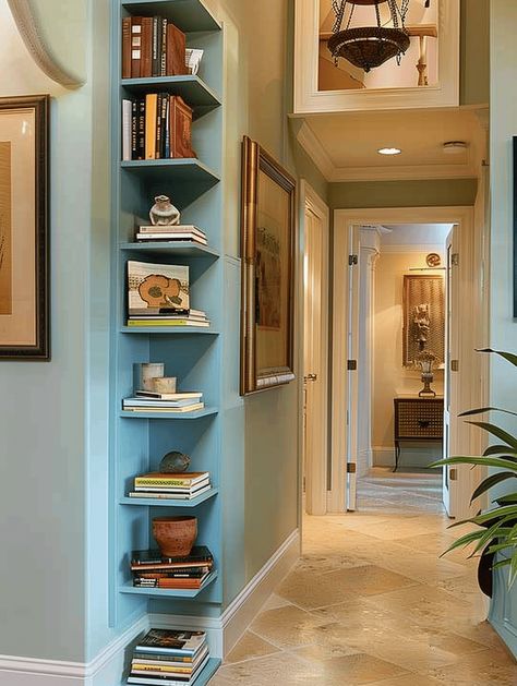 Narrow Entryway: Vertical Bookshelf Set-Up Narrow Entryway Mudroom, Hall Storage Ideas Narrow Hallways, Shallow Entryway Ideas, Narrow Space Ideas, Landing Decor Upstairs, Entry Hallway Ideas Narrow, Narrow Entrance Hall Ideas, Minimalist Entryway Ideas, Hallway Bookshelf