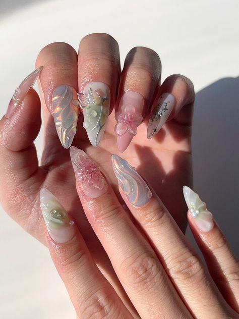 Handmade
✨ Fairycore Aesthetic Nail Set ✨

"Faye"
💫 Origin: English
💫 Meaning: "fairy"

*Medium stiletto shape is displayed in the photos* Almond Fairy Nails, Spring Fairy Nails, Fairycore Nails Aesthetic, Cute Fairy Nails, Garden Fairy Nails, Fairy Gel Nails, Fairy Nails Aesthetic, Garden Nails Design, Fairy Nail Ideas