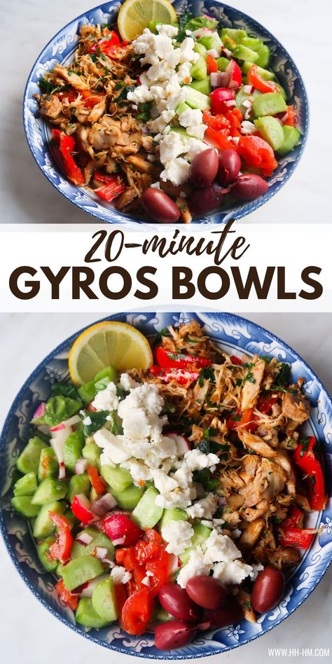 You will be looking forward to leftovers from rotisserie chicken once you try these leftover chicken gyros bowls! This Mediterranean recipe is easy, quick, super flavorful, fresh and filled with healthy ingredients. Healthy Meals Rotisserie Chicken, Rotisserie Chicken Gyros, Recipes To Use A Rotisserie Chicken, Healthy Dinners With Rotisserie Chicken, Recipe Rotisserie Chicken Leftovers, Mediterranean Pulled Chicken, Shredded Chicken Gyros, Rotisserie Chicken Greek Bowl, Rotisserie Chicken Recipes Mediterranean