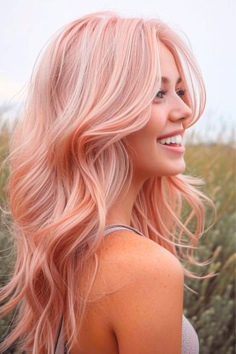 Pink Rinse On Blonde Hair, Pink Strawberry Blonde Hair, Light Rose Gold Hair Blonde, Rose Gold Toned Hair, Pink Highlights In Blonde Hair, Peachy Blonde, Coral Pink Hair, Dusty Rose Hair, Dusty Pink Hair