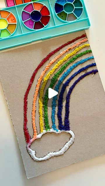 Mel  |  Early Childhood Educator on Instagram: "Salt Painting Rainbow 🌈   To make a rainbow pattern, draw a rainbow with glue on white paper. Sprinkle salt over the wet glue, shake off the excess, and let it dry. Then, paint over the salted glue with watercolors to create a colorful effect.  Enjoy the creative process!  Follow @artsandcrafts4kids for more ideas! 🌟 . . . #sensoryactivities #artsandcrafts #diyartsandcrafts #activitiesforkids #kidsactivities #earlychildhoodeducation #playlearningideas #rainbow" Glue Salt Watercolor Painting, Rainbow Salt, Rainbow Drawing For Kids, Salt Painting For Kids, Rainbow Painting Ideas, Rainbow Salt Painting, Raised Salt Painting Kid Art, How The Crayons Saved The Rainbow, Sharing A Rainbow Painting