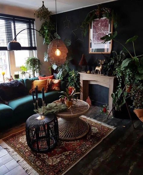 Two Coffee Tables In Living Room Layout, Gothic Boho Interior Design, Dark Moody Living Room Bohemian, Living Room Decor Gothic, Earthy Gothic Living Room, Dark Earthy Witchy Living Room, Cozy Dark Boho Living Room, Moody Plant Living Room, Gothic Apartment Decor Living Room