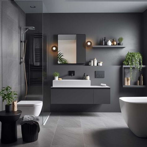 Minimalist Grey Bathroom Ideas for Small Modern Spaces • 333+ Images • [ArtFacade] Bathroom Interior Design Modern Grey, Grey Slate Bathroom, Dark Grey Tile Bathroom, Dark Modern Bathroom, Small Dark Bathroom, Compact Bathroom Design, Contemporary Grey Bathrooms, Small Bathroom Modern, Small Grey Bathrooms