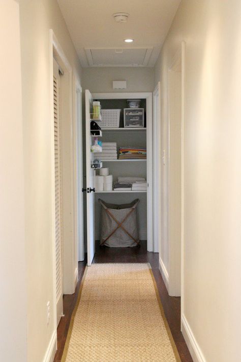 A Professional Organizer's Secrets For Keeping a Neat Linen Closet Linen Closet End Of Hallway, End Of Hallway Linen Closet, Closet At End Of Hallway, End Of Hallway, Hallway Cupboards, House Tweaking, Entry Closet, Hallway Closet, Linen Closet Organization