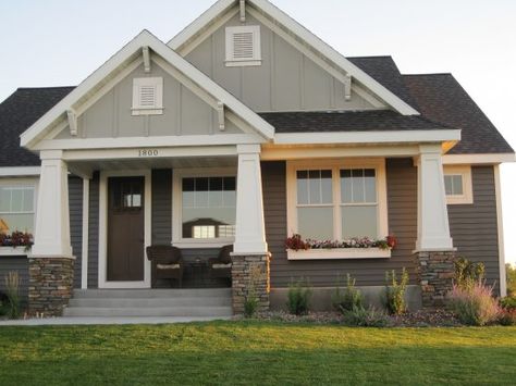 Exterior batt & board with decorative vents, gables, and tapered pillars with stone bases. Gray House, Exterior House Color, Craftsman Exterior, Front Porch Design, Craftsman Style Homes, Exterior Remodel, House Siding, Casa Exterior, Front Porches