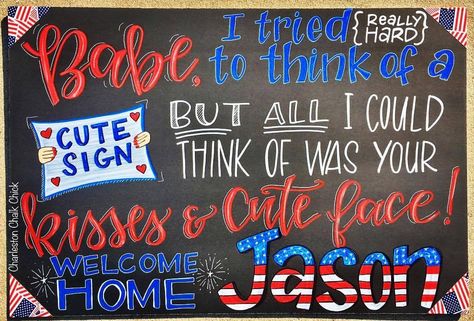 Military Homecoming Sign / Chalkboard /. Deployment / Air Force Marines / Navy / Army / to order please email Charlestonchalkchick@gmail.com or visit and message www.facebook.com/charlestonchalkchick Airman Graduation Poster, Military Homecoming Signs Funny, Navy Homecoming Signs, Marine Graduation Posters, Marine Homecoming Signs, Deployment Homecoming Signs, Marine Homecoming, Care Package Decorating, Military Homecoming Signs