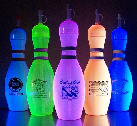 Bowling Pin Water Bottles that glow under black-light! Fun bowling party favors! Bowling Favors, Bowling Party Ideas For Adults, Glow In The Dark Bowling Party, Glow Bowling Birthday Party, Sweet 16 Bowling Party Ideas, Cosmic Bowling Birthday Party, Bowling Party Favors Goody Bags, Kids Bowling Party Ideas, Neon Bowling Party