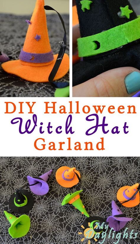 DIY Halloween Witch Hat Garland Hat Garland Diy, Witch Decorations Diy, Witch Hat Garland, Diy Witch Hat, Hat Garland, Diy Halloween Garland, Halloween Ornaments Diy, Diy Halloween Witch, Felt Witch Hat