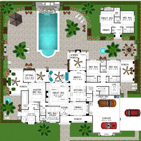 Mansion With Guest House Floor Plans, Mansion With Guest House, House With Guest House Floor Plans, Guest House Layout, House Plans With Guest House, Garage Craftsman, Multigenerational House Plans, Multigenerational House, 3d Floor Plans