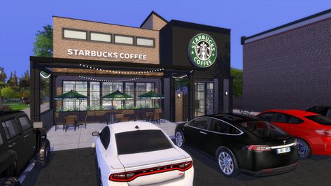 Sims 4 Starbucks Build, Starbucks Exterior Design, Starbucks Bloxburg Build, Bloxburg Starbucks Ideas, Starbucks Layout, Bloxburg Starbucks, Starbucks Exterior, Starbucks Bloxburg, Bloxburg Restaurant Ideas