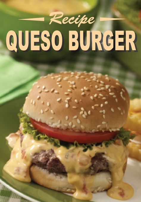 Give your hamburgers a spicy kick with this Queso Burger Recipe – perfect for your next cookout! Queso Burger Recipe, Queso Burger, Rotel Recipes, Super Bowl Recipes, Kraft Foods, Burger Dogs, Queso Recipe, Chile Sauce, Bowl Recipes