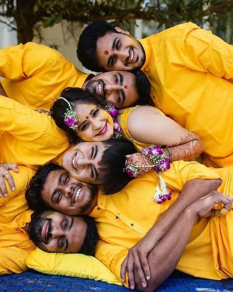 Types Of Brothers You Will Spot At Indian Weddings Brothers Wedding Outfit For Sister, Haldi Ceremony Dress, Haldi Photography Ideas, Yellow Haldi Outfit, Haldi Pose, Groom Haldi, Haldi Photography, Brother Sister Poses, Haldi Poses For Bride