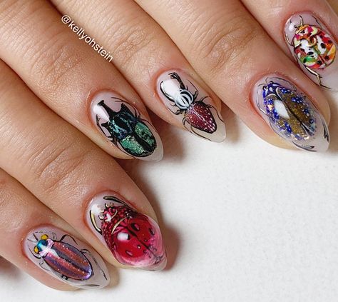 Insect Nails, Snow Globe Nails, Hello Nails, Magical Makeup, A Globe, Really Cute Nails, Almond Acrylic Nails, Metallic Nails, Gel Nail Designs