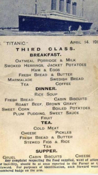 Menu for 3rd class passengers' meals on the RMS Titanic in 1912, There was no such thing as lunch in 2022 | Oatmeal porridge, Sweet sauce, Rice soup Swedish Bread, Oatmeal Porridge, Ham And Eggs, Jacket Potato, Cold Meat, Plum Pudding, Vintage Menu, Brown Gravy, Rms Titanic