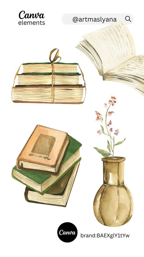 Watercolor vintage books elements on Canva by Canva Vintage Elements, Elements On Canva, Reading Hobby, Canva Free Elements, Canva Idea, Elements Of Literature, Autumn Reading, Vintage Reading, Canva Tips