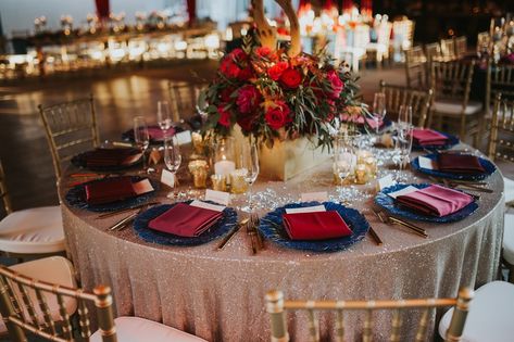 rose gold sequin linen, navy charger plate, burgundy napkins Purple Fall Wedding Centerpieces, Rose Gold Wedding Reception, Purple Fall Wedding, Moody Color Palette, Gold Wedding Reception, Pro Tennis, Low Centerpieces, Maroon Wedding, Wedding Table Linens