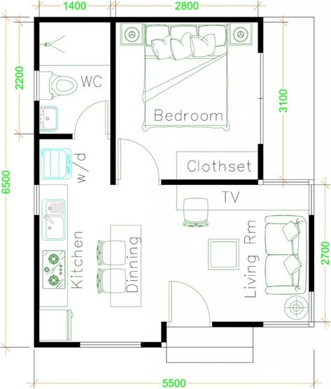 Small House Plan Ideas For Different Area - Engineering Discoveries Gable Roof House, One Bedroom House Plans, One Bedroom House, Flat Roof House, 1 Bedroom House, One Bedroom Flat, House Design Plans, Tiny House Plan, Roof House