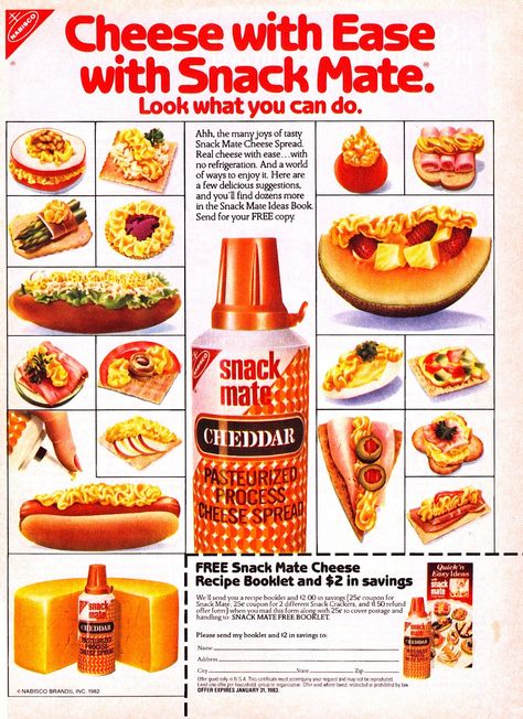 Nabisco Snack Mate Ads: The Original Spray Cheese | Snaxtime 80s Food Photography, 80s Food Ads, 80s Food Ideas, Spray Cheese, 70s Food, 80s Food, 80's Prom, 80s Birthday, Prom Photoshoot