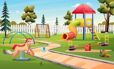 Playground Illustration Graphic Design, Playground Graphic Design, Cartoon Playground, Playground Drawing, Playground Clipart, Playground Illustration, Park Clipart, Cartoon Park, Playground Pictures