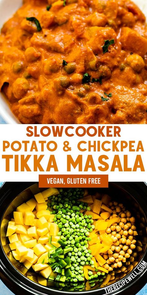 Potato and Chickpea Tikka Masala is the perfect vegan comfort food. Potato, chickpeas, green peas and bell peppers slow cook in a tomato-based sauce along with a warming spice mix. Blended cashews give the sauce a creamy texture. FOLLOW The Recipe Well for more great recipes!  #healthy #crockpot #vegan #vegetarian #glutenfree Healthy Veggie Crockpot Recipes, Fall Dinner Recipes Crockpot Vegetarian, Plant Based Slow Cooker Recipes Healthy, Crockpot Meatless Recipes, Vegan Caribbean Food Recipes, Vegan Crockpot Recipes Dinners, Slow Cooker Chickpeas, Crockpot Chickpea Recipes, Whole Food Plant Based Crockpot Recipes