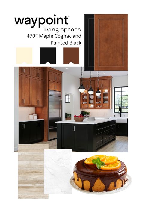 Rich maple cognac upper cabinets paired with bold black base cabinets perfectly complement sleek marble countertops. Elevate your kitchen and create a warm and inviting space with a touch of elegance. 🍊✨ 
📍 Save this Pin
🔗 Find your local Waypoint dealer and see your vision come to life

#WaypointLivingSpaces #KitchenInspo #HomeDesign #KitchenDesign #MapleCognac #BlackCabinets #MarbleCountertops #KitchenInspiration #HomeDesign #ElegantKitchen #ModernKitchen #InteriorDesign #MoodboardMonday Hardware Organizer, Two Tone Cabinets, Cabinet Options, Maple Cabinets, Cabinet Remodel, Two Tone Kitchen, Elegant Kitchens, Gallery Design, Black Cabinets