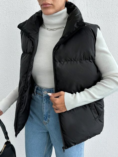 Gilet matelassé pour femme à fermeture éclair Noir et Blanc Casual  Sans manches Tissu tissé Unicolore Doudoune Pas de l'extensibilité  Women Clothing, size features are:Bust: ,Length: ,Sleeve Length: Gilet Puffer Outfit, Manteau The North Face Femme, Black Puffer Vest North Face, Black North Face Vest, Black Northface Vest, Inspiration Mode, North Face, All Fashion, The North Face