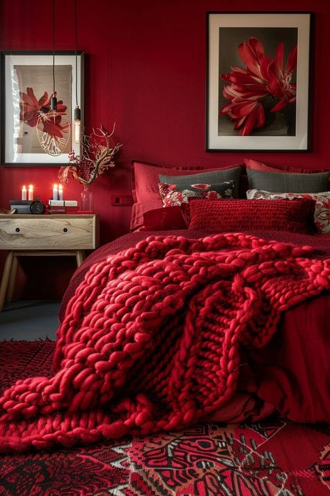 19 Red Bedroom Ideas That'll Make You Forget All About "50 Shades" Romantic Red Bedroom, Dark Red Bedroom Ideas, Modern Red Bedroom, Red And Black Room, Red Bedroom Aesthetic, Red Black Bedrooms, Red Bedroom Ideas, Red Bedrooms, Interior 2023