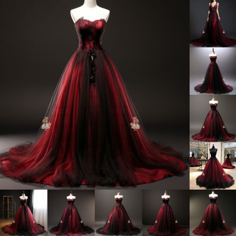 Red Black And White Wedding Dresses, Red Black Wedding Dress, Wine Red Wedding Dress, Fantasy Ball, Black Red Wedding, Goth Prom, Vampire Dress, Sweet Sixteen Dresses, Black Wedding Gowns