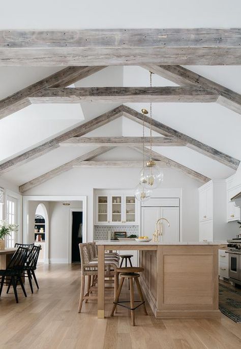 Brown Rope Stools at Brown Brushed Oak Island - Cottage - Kitchen Brick Herringbone Floor, Ceiling Beams Living Room, Beams Living Room, Vaulted Ceiling Living Room, Kate Marker Interiors, Unique Flooring, Floor To Ceiling Windows, Cathedral Ceiling, Wood Beams