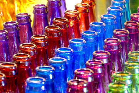 Coke bottles Colorful Bottles, Colored Bottles, Glass Wear, Colorful Characters, Artistic Elements, Colourful Life, Rainbow Bright, Coke Bottle, Taste The Rainbow