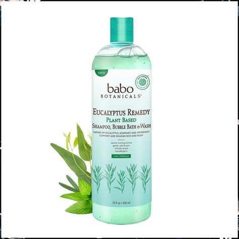 Babo Botanicals Eucalyptus Remedy Plant-Based 3-in-1 Shampoo, Bubble Bath & Wash - with Vapors of Eucalyptus, Rosemary & Pepp Eucalyptus Body Wash, Baby Bubble Bath, Babo Botanicals, Organic Shampoo, Baby Bubble, Hair Cleanse, Peppermint Leaves, Eucalyptus Essential Oil, Bubble Bath