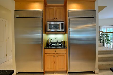 Main House Kitchen with Upright Freezer and Upright Refrigerator. Upright Freezer In Kitchen, Built In Refrigerator, Basement Reno, Upright Freezer, Pantry Ideas, Diy Remodel, Fridge Freezers, Old Home, Cabin Ideas