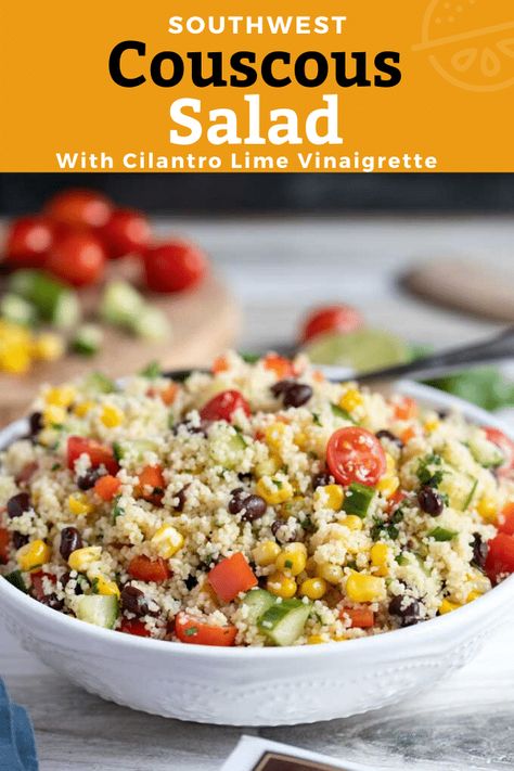 This flavorful Southwest Couscous Salad is loaded with black beans, corn, tomatoes, cucumbers and bell peppers and tossed with a simple and tasty cilantro lime vinaigrette. #salad #sidedish #couscous #cilantro #sponsored Couscous Corn Salad, Easy Southwest Salad, Healthy Southwest Salad, Southwest Couscous Bowl, Cold Couscous Salad Summer, Southwest Quinoa Salad, Cilantro Lime Vinaigrette, Garlic Sauce Recipe, Lime Vinaigrette