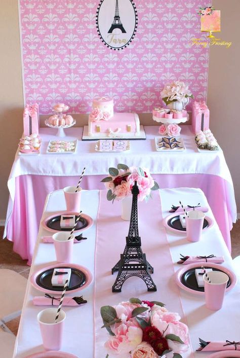 Eiffel Tower/Paris theme | CatchMyParty.com #paris #birthdayparty #cake #table #tablesetting #pink #eclair #french #macron Eiffel Tower Party Decorations, Eiffel Tower Party, Paris Party Decorations, Parisian Birthday, Bolo Paris, Parisian Birthday Party, Paris Birthday Theme, Paris Themed Birthday Party, Cupcake Table