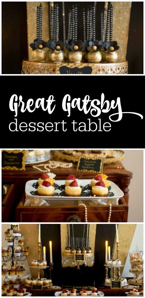 Great Gatsby dessert table with the most amazing black and gold Roaring 20s backdrop featured on The Party Teacher | http://thepartyteacher.com/2014/08/04/guest-party-great-gatsby-dessert-table/ 20s Backdrop, Gatsby Dessert Table, Gatsby Party Food, 20s Theme, Roaring 20s Birthday, 1920's Party, Gatsby Birthday, Prohibition Party, Gatsby Birthday Party