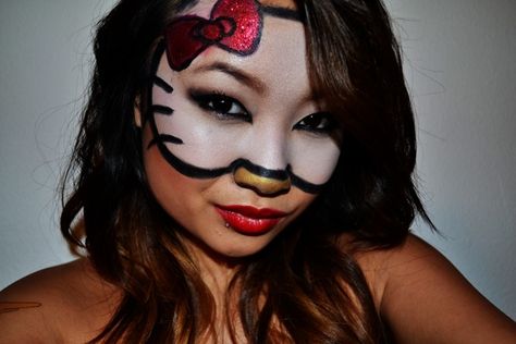 well hello..kitty. (Bay-2-breakers look) Hello Kitty Halloween Costume Diy, Hello Kitty Costume Diy, Hello Kitty Makeup Halloween, Diy Hello Kitty Costume, Hello Kitty Halloween Makeup, Hello Kitty Makeup Look, Derby Makeup, Hello Kitty Face Paint, Hello Kitty Halloween Costume