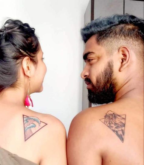 Matching Mountain Tattoos Couples, Mountain Couple Tattoo, Lovers Tattoo Couples, Couples Tats, Unique Couple Tattoos, Tattooed Couples Photography, Skull Couple Tattoo, Matching Love Tattoos, Love Wrist Tattoo