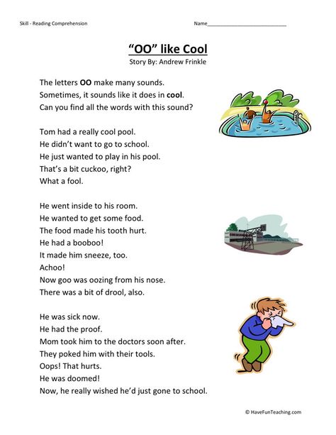 Reading Comprehension Worksheet - OO Like Cool Second Grade Reading Comprehension, Reading Practice Worksheets, Reading Programs For Kids, Oo Sound, Second Grade Reading, Oo Words, 2nd Grade Reading Comprehension, Phonics Reading Passages, Teaching Reading Comprehension