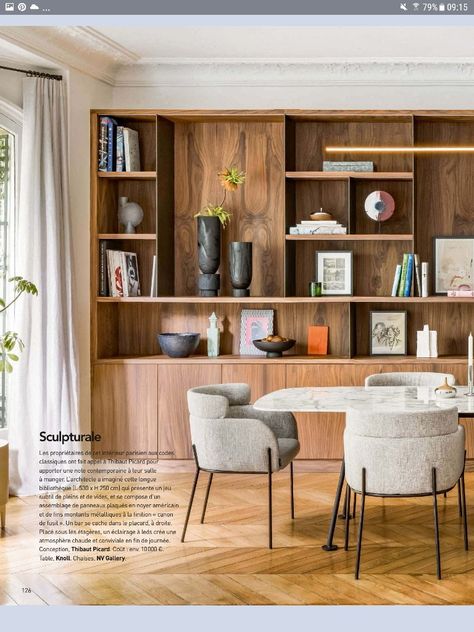 Mid Century Modern Living Room Built In Cabinets, Bookcase In Dining Room Ideas, Mid Century Bookshelf Styling, Mcm Built In Bookcase, Mid Century Modern Built Ins Bookshelves, Midcentury Built In, Large Bookcase Living Room, Scandinavian Built Ins, Mid Century Built In Bookshelves