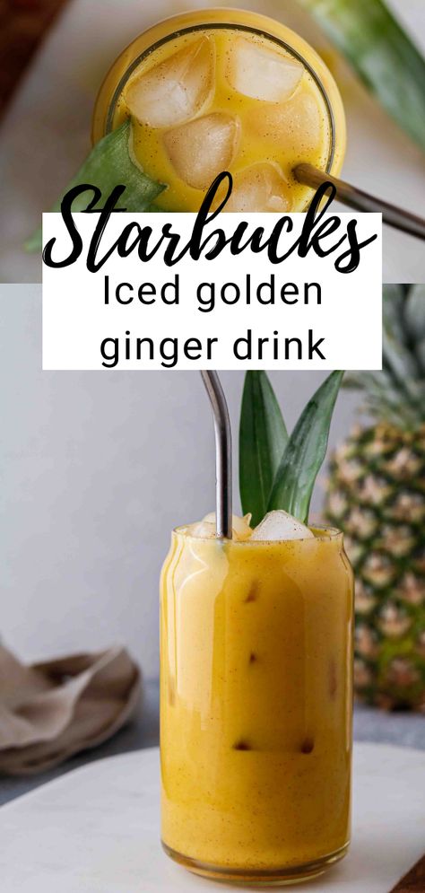 Starbucks iced golden ginger drink Ginger Drink Recipe, Lifestyle Of A Foodie, Drink Starbucks, Turmeric Drink, Ginger Drink, Copycat Starbucks Recipes, Starbucks Copycat, Ginger Recipes, Mocktail Recipe