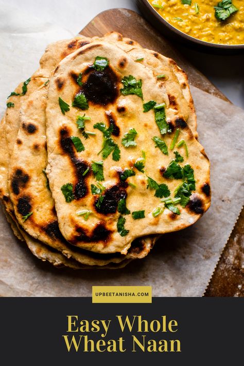 Whole wheat flatbread may sound like it’ll be dry and crumbly, but that couldn’t be further from the truth. Try this easy whole wheat naan to see for yourself! Just 7 simple ingredients to whole wheat naan that is so good, you won’t even think about what flour you used because you’ll be too busy ripping it apart and gobbling it up. That statement comes from personal experience. Whole Wheat Naan Recipe, Wheat Naan Recipe, Whole Wheat Flatbread Recipe, Healthy Naan Bread Recipe, Whole Wheat Naan Bread Recipe, Wheat Flatbread Recipe, Speciality Breads, Whole Wheat Recipes, Whole Wheat Flat Bread