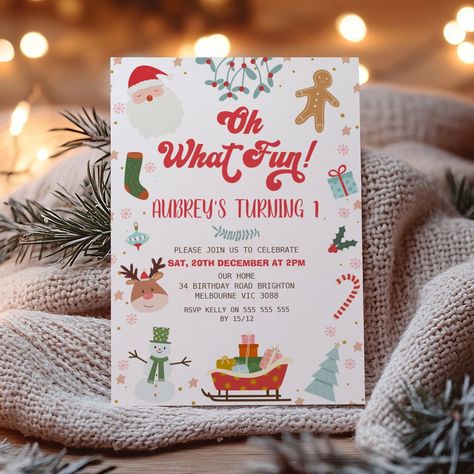 Kids Oh What Fun Christmas Themed Birthday  Invitation Birthday Invitations Ideas, Oh What Fun Christmas, Christmas Birthday Invitations, Sugar Puffs, 34th Birthday, Invitations Ideas, Oh What Fun, First Birthday Invitations, Fun Christmas