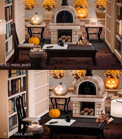 I liked my autumnal fireplace so much that I had to do another version, more "Halloween" themed. Yes I know that is a Oven, but do you ever… Acnh Halloween, Acnh Inspiration, Animal Crossing Guide, Happy Home Designer, Animal Crossing Wild World, Animal Crossing Qr Codes Clothes, Qr Codes Animal Crossing, Animal Crossing Villagers, Acnh Ideas