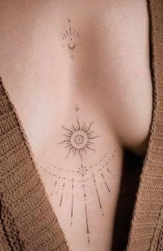 Sun And Moon Tattoo Middle Chest, Sun Tattoo Middle Of Chest, Moon Phase Sternum Tattoo, Sun And Moon Sternum Tattoo, Celestial Underboob Tattoo, Sternum Tattoos For Women, Tattoo Between Breast, Mandala Sternum Tattoo, Sternum Tattoo