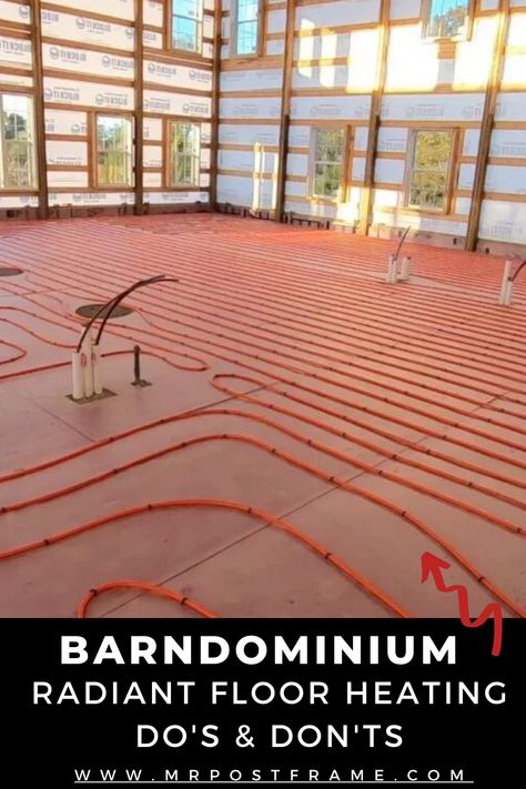 Warmth from the Ground Up: Radiant Floor Heating Do's and Don'ts for a Cozy Home! Discover the dos and don'ts of installing and maintaining this luxurious heating solution for ultimate comfort. Barndo Concrete Floor, Barndominium Flooring Ideas, Heated Concrete Floors Home, Radiant Floor Heating Concrete, Heated Flooring Options, Radiant Heat Flooring, Barndo Flooring, Barndominium Concrete Floors, Simple Pole Barn Homes