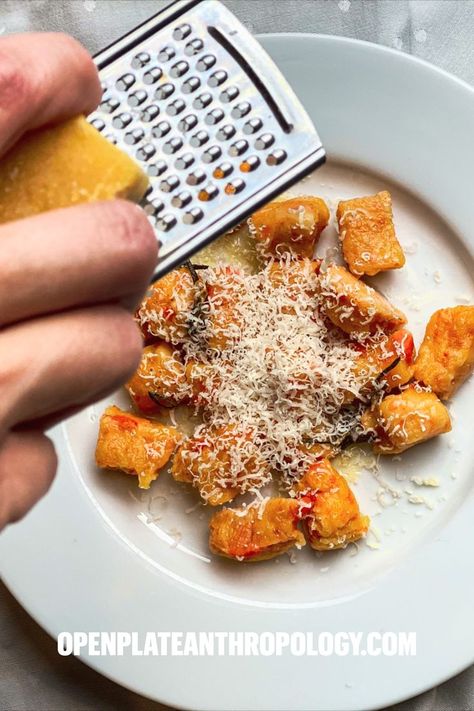 Slightly sweet homemade gnocchi get drenched in a rosemary brown butter sauce and then drowned in parm. Welcome to my favorite season. #gnocchi #yams #Italian #dinner Carrot Gnocchi, Japanese Yam, Brown Butter Sauce, Plate Recipes, Homemade Gnocchi, Italian Dinner, Butter Sauce, Food Plating, Anthropology