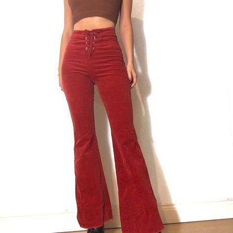 Red Flare Jeans Outfit, Red Flared Jeans, Red Bell Bottoms Outfit, Red Jeans Outfit, Corduroy Flares, Bell Bottoms Outfit, Flare Jeans Outfit, Red Flare, Red Jeans